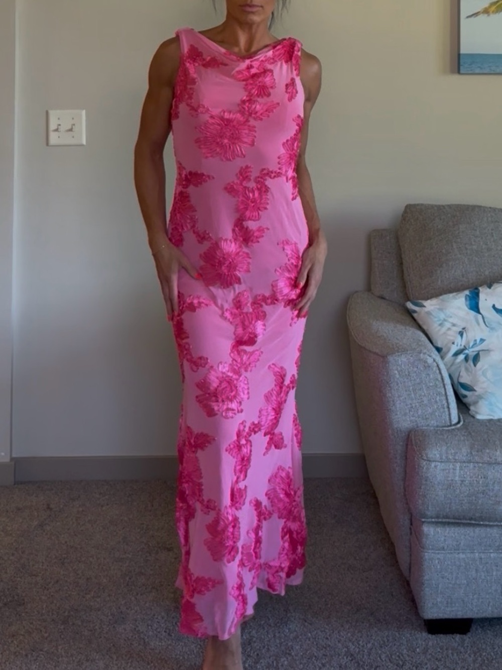 NWOT Elegant Pink Floral Embroidered Sleeveless Maxi Dress